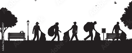 Volunteers Picking Up Trash in Park Silhouette Vector Illustration
