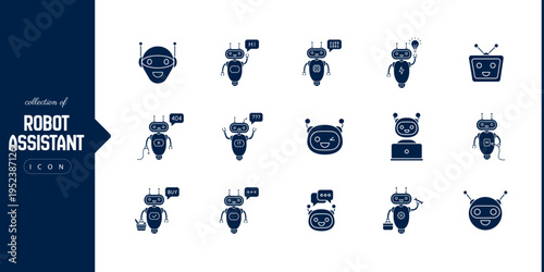 Black robot icon set featuring chatbot coder assistant seller automation artificial intelligence robotics machine learning and futuristic technology characters collection
