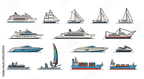 Collection of diverse watercraft including ships yachts sailboats and jet skis