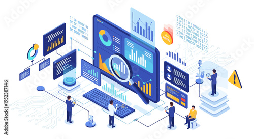 Isometric business analytics dashboard with charts graphs and people analyzing