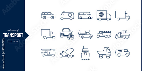 Comprehensive transport icon collection including car jeep covered van ambulance ship dump truck logistics delivery emergency and transportation vehicle symbols