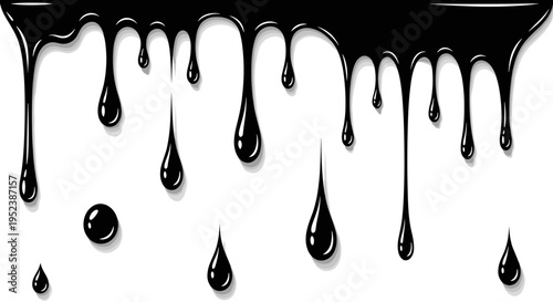 Thick black liquid dripping downward creating organic shapes and droplets on white