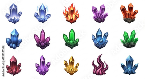 Set of enchanted fantasy crystals and glowing gem clusters in diverse colors with magical effects, perfect for game UI, assets, and design elements