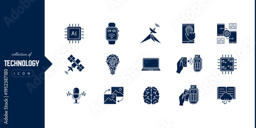 Filled technology icon collection featuring artificial intelligence chip smartwatch network tower payment swipe brain processor and advanced digital innovation symbols