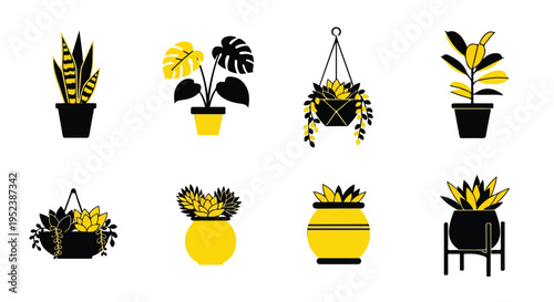 Set of 8 plant icons vector, black and yellow