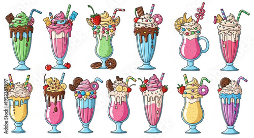 Collection of colorful and delicious milkshakes with various toppings and decorations, perfect for summer treats