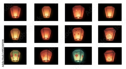 A grid of illuminated sky lanterns in various colors floating against a dark background at night