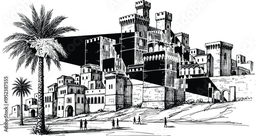 Traditional middle eastern ancient desert city with castle stone fortress palm trees and people hand drawn vector illustration.