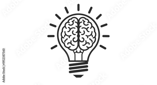 A black and white illustration of a lightbulb containing a human brain