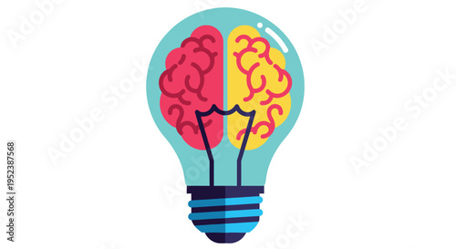 A lightbulb containing two hemispheres of a human brain red and yellow