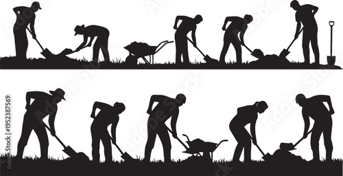 Manual Workers Digging Soil Silhouette Set Graphic Vector Illustration