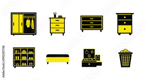 Set of 8 furniture icons vector, yellow and black