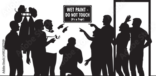 People Pointing at Wet Paint Sign Silhouette Graphic Vector Illustration