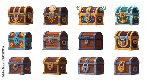 Collection of vintage treasure chests with various locks and ornate decorations, suitable for games or fantasy themes