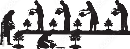 People Watering Saplings Silhouette Set for Gardening Vector Illustration