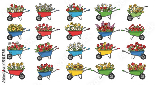 Vibrant collection of garden wheelbarrows filled with diverse colorful spring and summer flowers, showcasing botanical beauty and gardening joy in a cheerful illustration
