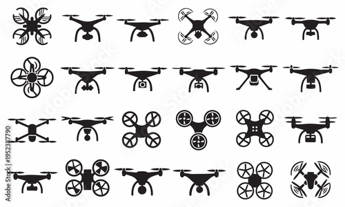 Extensive drone collection - diverse unmanned aerial vehicle silhouettes for technology and future concepts with white background