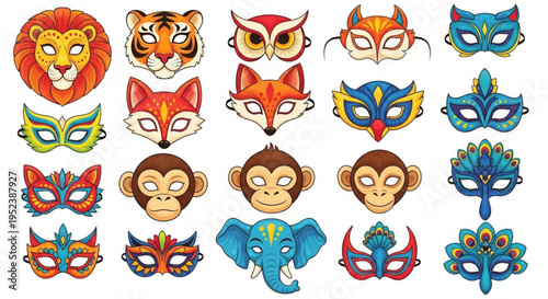 Diverse collection of vibrant illustrated animal masks and ornate carnival designs, perfect for festive masquerade parties, costume events, and joyful celebration themes