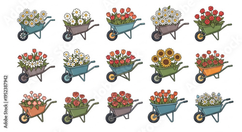 Assortment of colorful blooming flowers arranged in various garden wheelbarrows, symbolizing the beauty of nature, gardening, and the cheerful spirit of spring