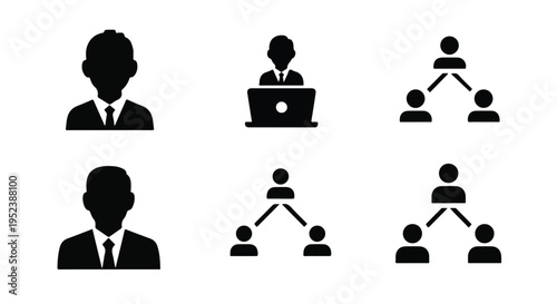 Set of 6 black silhouette business and organization vector icons, including user, manager, and hierarchical network structures, ideal for corporate presentations and website UI.