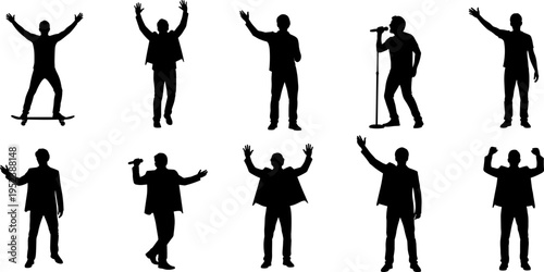 Male silhouettes performing singing posing collection men microphone concert lifestyle activity black isolated vector illustration set diverse actions