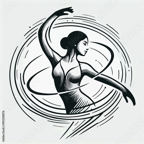 Dancer performing gracefully with a hula hoop on a minimalist background
