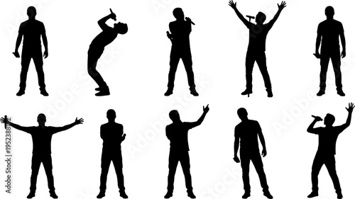 Male singer silhouettes microphone performance poses men artist stage music concert black isolated vector illustration collection set