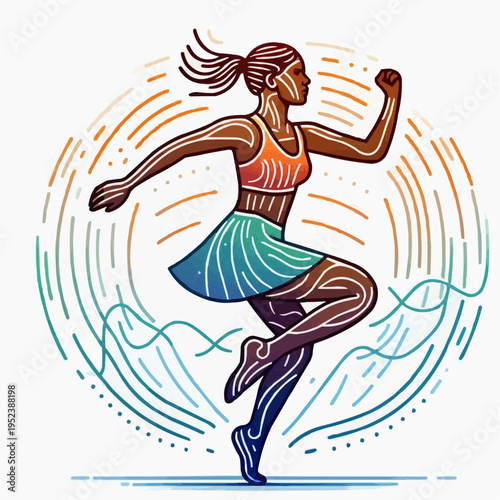 Fitness woman running with enthusiasm in vibrant colors and dynamic lines