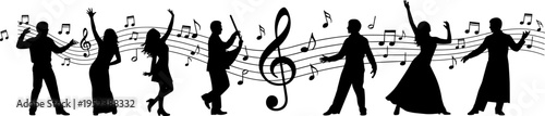 Music silhouettes dancers musicians notes staff performance artistic people singing dancing band concert black vector illustration composition