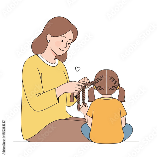 Mother braiding daughters hair with love and care.