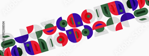 Abstract geometric shapes repeat, creating colorful pattern. Circles, squares, halfcircles form rhythmic visual flow. Minimalist design.