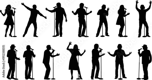 Singer silhouettes group microphone performers male female stage poses isolated black artist collection music performance diverse studio set