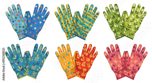 A vibrant collection of six pairs of patterned gardening gloves, showcasing diverse floral and geometric designs in cheerful colors