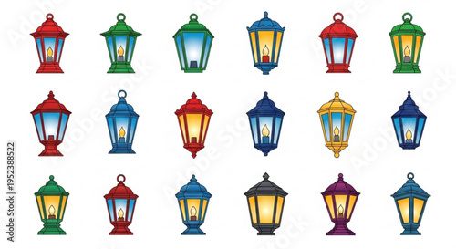 A captivating collection of vintage and traditional lanterns, showcasing diverse designs and vibrant colors, each illuminated with a warm, glowing flame, perfect for festive and decorative projects