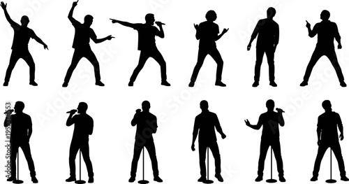 Singer silhouettes collection, male performers singing with microphone, music concert poses, stage performance, entertainment concept, black vector illustration isolated set