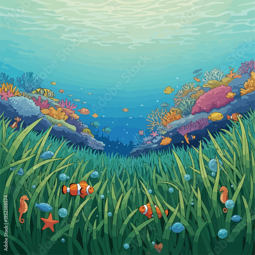 Colorful Fish Swimming in Ocean Grass.