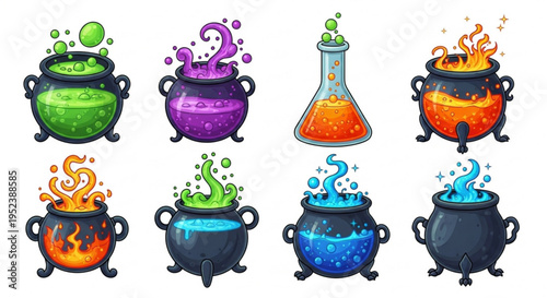Collection of colorful Halloween cauldrons with bubbling potions and flasks, perfect for spooky party invitations and decorations