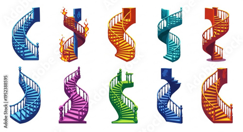 Colorful and unique spiral staircases with diverse designs, showcasing various architectural and whimsical styles in a vector illustration
