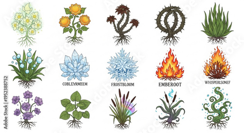 Magical plants and fantasy flora illustrations with roots and fantasy elements, perfect for game design and artistic projects