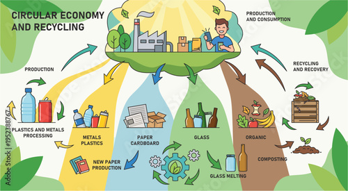 Circular economy and recycling process infographic with flat icons