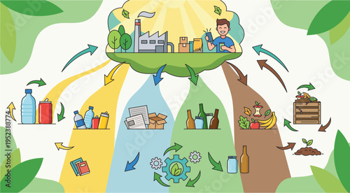 Circular economy infographic with icons, resource life cycle and waste management without text