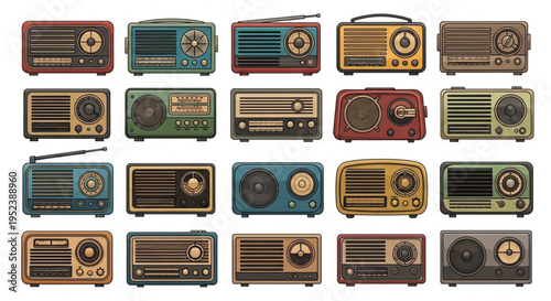 Collection of vintage radios from different eras, showcasing classic design and technology evolution