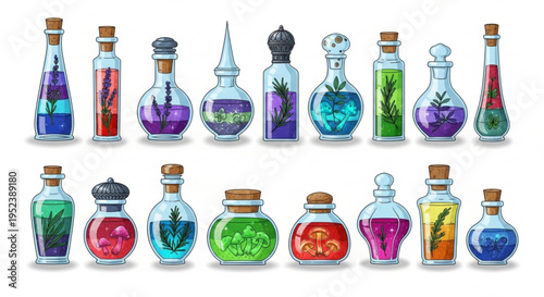 Vibrant array of fantasy potion bottles and mystical elixirs, showcasing diverse shapes, colorful liquids, and magical ingredients for captivating graphic designs and user interface