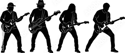 Guitar player silhouettes collection, rock band musicians set, electric guitar performance poses, music concert illustration, artist lifestyle design, dynamic stage action