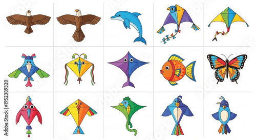 A vibrant collection of unique kites in various animal and abstract shapes, perfect for summer fun and outdoor activities, showcasing diverse designs for recreational play