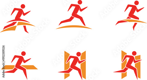 Running icon set, abstract runner logo, sprint silhouette, athletic symbol, speed motion graphic, fitness design, dynamic sport illustration, marathon branding