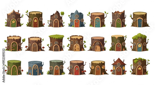 Whimsical collection of fantasy tree stump houses, each uniquely designed with charming doors, windows, and natural forest details, ideal for enchanted settings and game design assets