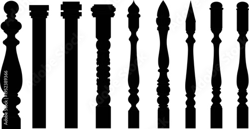 Wooden baluster silhouettes collection, decorative stair railing spindles set, classic architectural column shapes for furniture and interior design