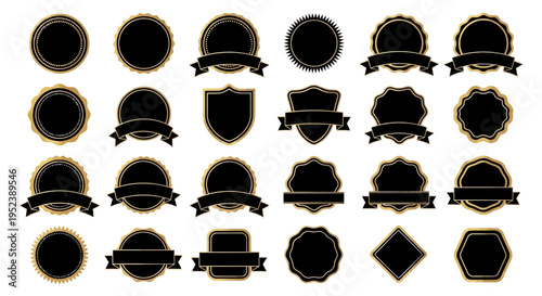 Collection of Black and Gold Vintage Badges, Seals, and Ribbons