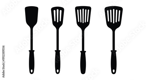 Four black kitchen spatulas lined up in a simple silhouette